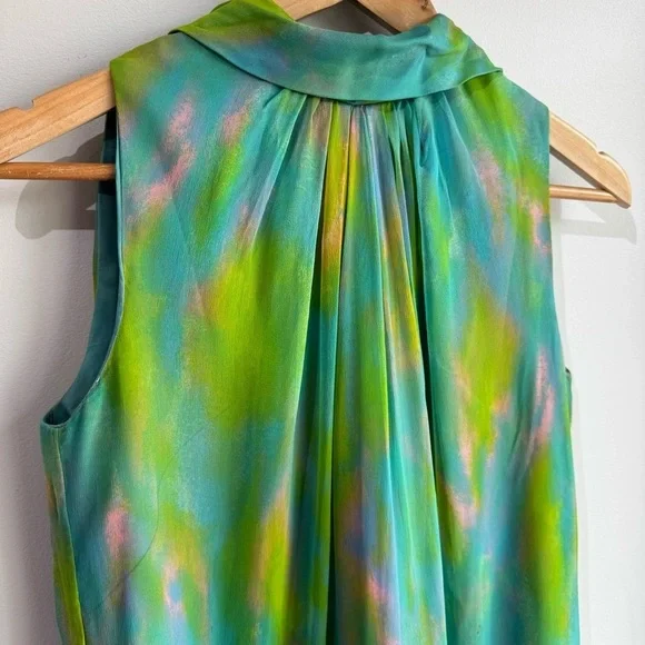 Vintage 60s Irving Nadler Watercolor Shift Dress S/M Green Sleeveless Ruffle Mod - Picture 3 of 12